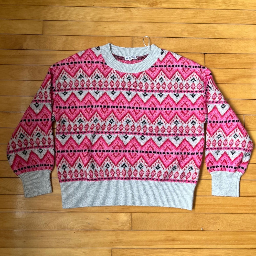 Northern Reflections Pink Fair Isle Knit Sweater XL Crew Neck Geometric Pullover